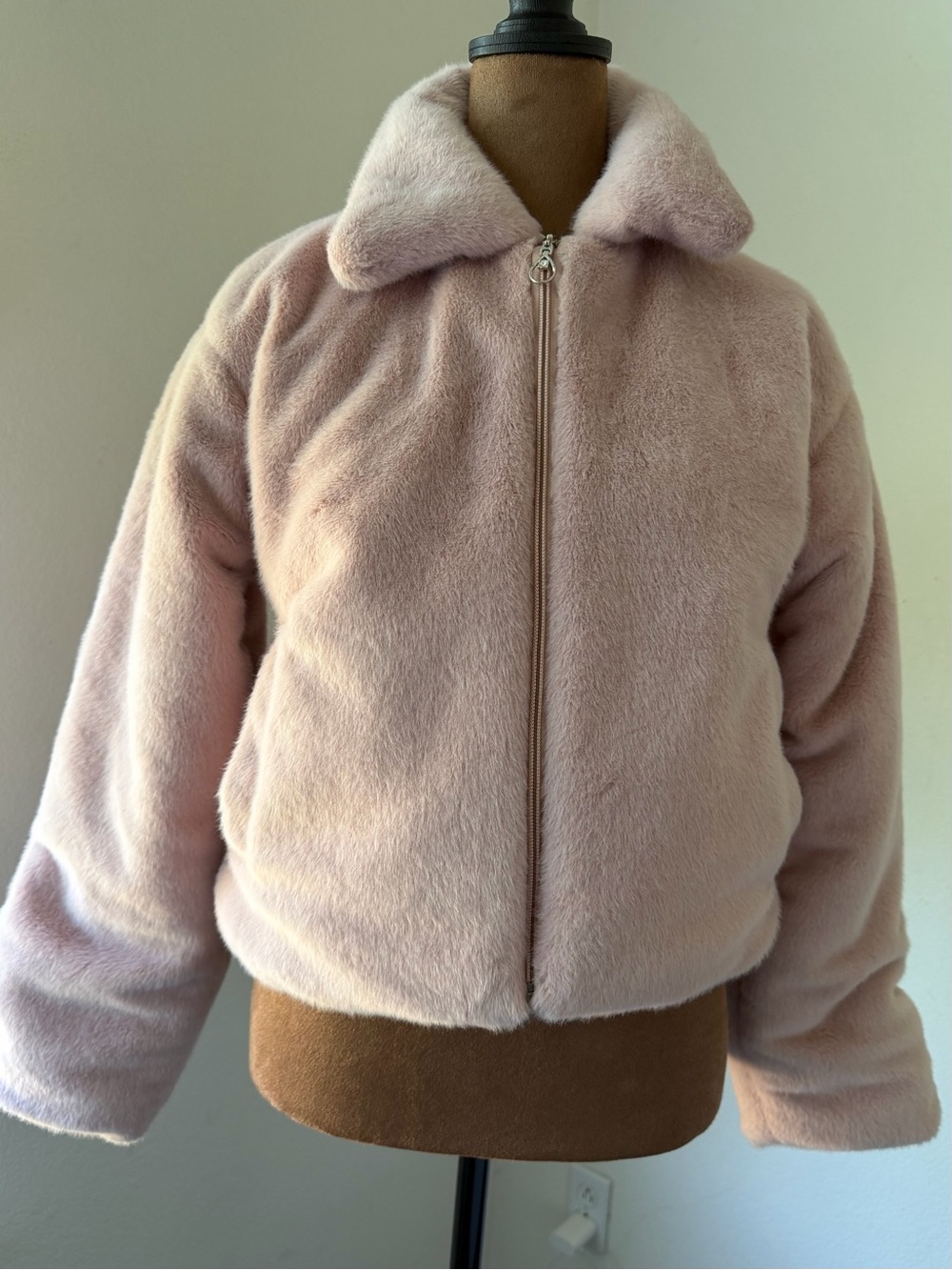 H&M Plush Teddy Zip Jacket in Pale Pink